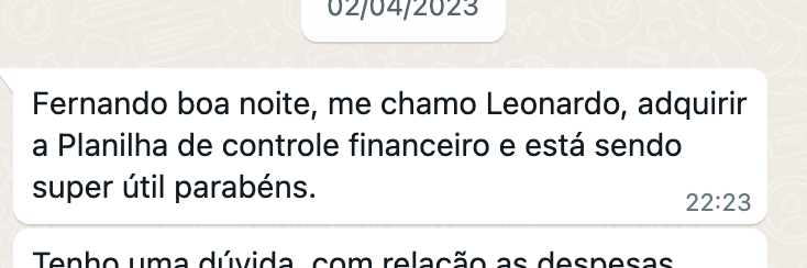 Depoimento de cliente sobre a planilha PFE
