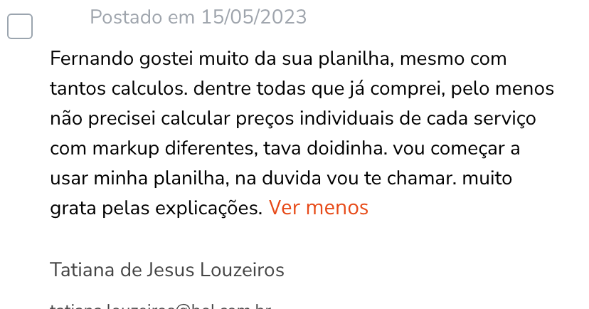 Depoimento de cliente sobre a planilha PFE