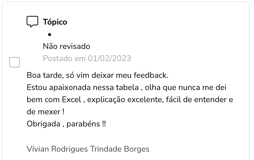 Depoimento de cliente sobre a planilha PFE